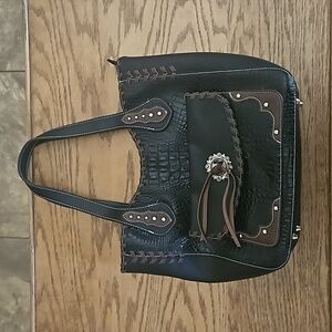 Cowgirl Trendy Western faux croc satchel shoulder bag - black brown silver